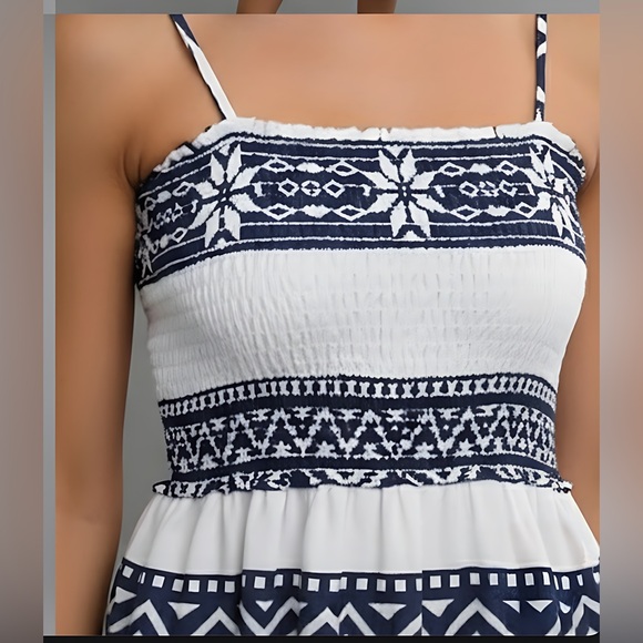 Boho Geo Print Ruffle Hem Cami Dress White/Blue - Picture 2 of 9